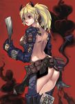  :d apron armor ass bare_back blonde_hair chaps demon_horns demon_tail dorohedoro from_behind gloves highres holding horns jun_bedos long_hair looking_at_viewer naked_apron nikaidou_(dorohedoro) no_panties open_mouth ponytail red_eyes revealing_clothes smile smoke solo spatula tail 