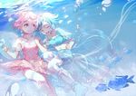  air_bubble bloomers blue_hair bubble closed_eyes dress fish holding_hands interlocked_fingers midriff multiple_girls open_mouth original pink_eyes pink_hair rosele see-through short_hair socks thighhighs underwater underwear water 