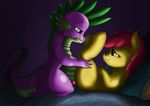  2015 apple_bloom_(mlp) bed cub dragon duo earth_pony equine exelzior-maximus female friendship_is_magic fur green_eyes hair horse lying male male/female mammal my_little_pony on_back orange_eyes penetration penis pillow pony purple_scales red_hair sex smile spike_(mlp) yellow_fur young 