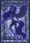  2014 anthro anthrofied bikini blue_eyes blue_feathers blue_fur blue_hair bra breasts butt clothed clothing collar crown cutie_mark digital_media_(artwork) equine female friendship_is_magic fur hair hi_res horn horse long_hair looking_back magic mammal my_little_pony open_mouth pony pose princess_luna_(mlp) raptor007 side_boob smile solo swimsuit teeth underwear winged_unicorn wings 