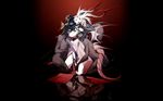  black_background breasts butterfly_hair_ornament cleavage covered_mouth dark_skin demon_tail glowing glowing_eyes hair_ornament highres horns kyo_(kuroichigo) large_breasts monster_girl open_mouth pale_skin red_eyes reflection simple_background solo tail white_skin yellow_eyes 
