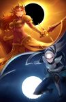  2girls armor brown_eyes brown_hair diana_(league_of_legends) eclipse grey_skin holding_weapon kerasu league_of_legends leona_(league_of_legends) long_hair moon multiple_girls shield silver_eyes sword water weapon white_background white_hair 