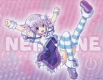  character_name d-pad d-pad_hair_ornament game_cg hair_ornament looking_at_viewer neptune_(choujigen_game_neptune) neptune_(series) official_art open_mouth purple_eyes purple_hair short_hair smile solo striped striped_legwear tsunako 