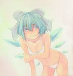  bikini blue_eyes blue_hair bow breast_squeeze breasts cirno cleavage collarbone cowboy_shot hair_bow hand_on_own_arm ice ice_wings leaning_forward light_smile looking_at_viewer medium_breasts pink_background short_hair solo swimsuit touhou traditional_media watercolor_(medium) white_bikini wings yuyu_(00365676) 