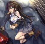  bdsm bondage bound bound_ankles bound_wrists breasts brown_hair cleavage gag green_eyes idolmaster idolmaster_cinderella_girls improvised_gag long_hair medium_breasts monikano open_clothes open_shirt shibuya_rin shirt shoe_dangle solo tape tape_bondage tape_gag torn_clothes ungagged 