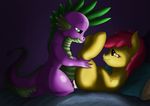  2015 apple_bloom_(mlp) bed cub cum dragon duo earth_pony equine exelzior-maximus female friendship_is_magic fur green_eyes hair horse lying male male/female mammal my_little_pony on_back orange_eyes penetration penis pillow pony purple_scales red_hair sex smile spike_(mlp) yellow_fur young 