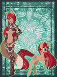  2014 anthro armor breasts brown_fur clothed clothing cutie_mark digital_media_(artwork) duo equine fan_character female fur green_eyes hair hi_res horn horse kitsu looking_at_viewer makeup mammal my_little_pony navel nude ponification pony raised_leg raptor007 red_fur red_hair skimpy teeth unconvincing_armor unicorn white_fur 