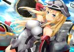 bare_shoulders bismarck_(kantai_collection) black_legwear blonde_hair blue_eyes breasts cloud day detached_sleeves hat highres kantai_collection large_breasts long_hair looking_at_viewer military_hat peaked_cap sidelocks sky solo thighhighs tokorotn water 