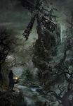  artist_request bloodborne highres hunter_(bloodborne) saw saw_cleaver solo torch tree windmill 