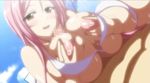  1girl aizawa_momoka animated animated_gif areolae bikini blush breasts brown_eyes censored honoo_no_haramase_paidol_my_star_gakuen_z hoshizaki_hokuto huge_breasts jewelry long_hair lowres necklace nipples paizuri penis pink_hair squeez sweat swimsuit yellow_eyes 