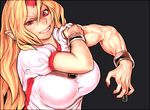  absurdres blonde_hair breasts chain clenched_teeth cuffs eyelashes fangs fingernails frown gengoroumaru_(ambidextrous) grey_background highres horn hoshiguma_yuugi large_breasts long_hair muscle muscular_female nail_polish pointy_ears red_eyes red_nails shackles sharp_fingernails shirt short_sleeves simple_background sleeve_rolled_up solo taut_clothes taut_shirt teeth touhou upper_body 