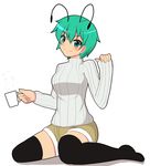  alternate_costume antennae black_legwear blush breasts coffee_mug contemporary cup green_eyes green_hair long_sleeves looking_at_viewer medium_breasts mug ribbed_sweater short_hair short_shorts shorts sitting smile solo steam sweater thighhighs touhou very_short_hair wade wariza wriggle_nightbug 