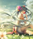  aqua_eyes aqua_hair bare_shoulders choker day dress flower grass hair_flower hair_ornament hatsune_miku holding long_hair long_legs looking_at_viewer sitting sky sleeveless sleeveless_dress smoke solo tidsean twintails vocaloid 