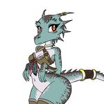  2013 anthro armor belt bottomless bracer breasts chochi choker clothed clothing edit feathers female furgonomics half-dressed horn jewels kobold looking_at_viewer non-mammal_breasts pauldron plain_background pussy red_eyes scalie skimpy solo standing underwear video_games white_background wide_hips 