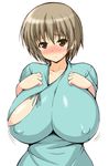  1girl blush breast_suppress breasts brown_eyes brown_hair bust erect_nipples huge_breasts looking_at_viewer short_hair solo upper_body 