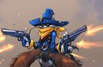  brown_eyes clothed clothing cowboy gun joe_madureira male mammal raccoon ranged_weapon revolver shooting sly_cooper sly_cooper_(series) solo weapon western 