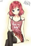  bare_shoulders black_legwear blush breasts cleavage clothes_writing crossed_legs english fuck-me_shirt hand_on_own_knee highres looking_at_viewer love_live! love_live!_school_idol_project medium_breasts meme_attire nishikino_maki off_shoulder plaid plaid_skirt pleated_skirt profanity purple_eyes red_hair short_hair sitting skirt sky_(freedom) smile solo strap_slip thighhighs zettai_ryouiki 