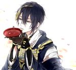  black_hair blue_eyes cup japanese_clothes male_focus mikazuki_munechika parted_lips petals sakazuki shijima_tohiro solo touken_ranbu 