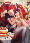  ankkoyom bow breasts brown_eyes cake cleavage_cutout flower food frills fruit hair_bow highres indoors large_breasts lips maid maid_headdress original red_hair rose sitting solo sparkle strawberry table tears thighhighs tiered_tray twintails white_legwear wrist_cuffs 