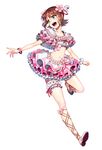  :d absurdres amami_haruka ankle_lace-up brown_hair cherry_blossoms clinexgrim crop_top cross-laced_footwear flower frilled_skirt frills full_body green_eyes hair_flower hair_ornament hair_ribbon highres idolmaster idolmaster_(classic) leg_garter looking_to_the_side midriff navel open_mouth ribbon shiny shiny_skin short_hair skirt smile solo white_background 