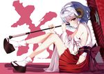  bare_shoulders bow clog_sandals detached_sleeves from_side fundoshi hakama_skirt hip_vent horns japanese_clothes legs makoni miko okobo oriental_umbrella original platform_footwear profile red_eyes sandals sash sheep_horns short_hair silver_hair sitting solo tabi umbrella 