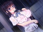  bag black_hair blue_eyes blush bow breasts breath dutch_angle game_cg highres large_breasts long_hair mole mole_under_eye munashi_mujou nure_rape._suketa_seifuku open_mouth plaid plaid_skirt rain school_uniform see-through skirt solo upper_body wet wet_clothes 