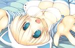  animal_hood blonde_hair blue_eyes blush breasts cat_hood covered_nipples hood large_breasts looking_at_viewer lying on_back open_mouth original outstretched_arms sakaki_(noi-gren) smile solo striped striped_legwear thighhighs 