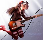  akabane_rin amatsukaze_(kantai_collection) brown_eyes character_name dress guitar highres instrument jumping kantai_collection long_hair sailor_dress silver_hair solo sweat two_side_up 
