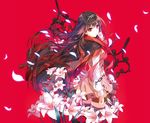  brown_hair cape chain dress flower hand_on_own_face kuroya_shinobu lily_(flower) long_hair looking_back ninomiya_anju petals red_background red_eyes simple_background solo taiyou_no_channel thighhighs zettai_ryouiki 