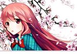  =w=w=w= bow cherry_blossoms error expressionless fox_mask hata_no_kokoro holding holding_mask long_hair looking_to_the_side mask parted_lips petals pink_hair plaid plaid_shirt purple_eyes shirt simple_background solo tongue touhou tree_branch unmoving_pattern upper_body white_background wind 