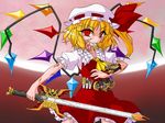  ascot belt blonde_hair bonnet bow crossover dress flandre_scarlet hair_bow kamen_rider kamen_rider_kiva kamen_rider_kiva_(series) kivat-bat_iii markings parody red_bow red_dress red_eyes side_ponytail sword tattoo touhou tsukushi_(741789) weapon whistle wings 