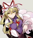  armband bangs blonde_hair bow breasts dress fan folding_fan gap grey_background hair_bow hat hat_ribbon long_hair long_sleeves looking_at_viewer medium_breasts mob_cap ninomoto ribbon simple_background smile solo tabard touhou white_dress yakumo_yukari yellow_eyes 