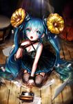  blue_eyes blue_hair dress earrings garter_straps hatsune_miku honnou_(kjs9504) jewelry lace lace_legwear long_hair looking_at_viewer open_mouth seiza sheet_music sitting solo tears thighhighs twintails very_long_hair vocaloid wooden_floor 