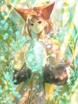  animal_ears brown_eyes brown_hair commentary highres holding light_particles light_rays light_smile looking_at_viewer original plant robe sakimori_(hououbds) short_hair solo sunlight upper_body 