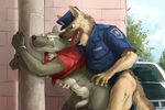  496549736_(artist) anal anal_penetration canine clothing cuffs dog fangs forced german_shepherd handcuffs hat humanoid_penis male male/male mammal penetration penis police shackles shirt tears tongue uncut wolf 