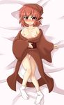  3: animal_ears bed blush breasts collarbone frown full-face_blush full_body hat japanese_clothes kimono knees_together_feet_apart looking_at_viewer lying mystia_lorelei naked_robe nipples off_shoulder okamisty partially_visible_vulva red_eyes red_hair short_hair shy small_breasts socks solo teoi_(good_chaos) thigh_gap touhou wide_sleeves 
