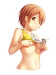  bikini bird breasts brown_hair censored character_censor clothes_writing highres hoshizora_rin kukuri_(ahagon) looking_at_viewer love_live! love_live!_school_idol_project minami_kotori_(bird) no_bra novelty_censor shirt_lift short_hair small_breasts sweat swimsuit underboob yellow_eyes 