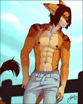  abs biceps canine clothed clothing feline feralise half-dressed hybrid jeans male mammal muscles nipples pecs scar topless 