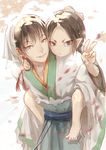  bandana barefoot black_hair bun_cover carrying child chinese_clothes earrings hair_bun hakutaku_(hoozuki_no_reitetsu) hanfu hoozuki_(hoozuki_no_reitetsu) hoozuki_no_reitetsu horn j.w jewelry long_sleeves looking_at_viewer male_focus multiple_boys oni petals piggyback pointy_ears smile v yellow_eyes 