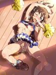  after_sex andou_shuuki blue_eyes breasts brown_hair bukkake censored cum cum_in_pussy cum_on_body from_above idolmaster idolmaster_million_live! large_breasts lying on_back on_floor pom_poms pubic_hair satake_minako skirt 