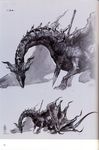  claws dark_souls dark_souls_2 digitigrade dragon feral horn impalement monochrome nude official_art plain_background scalie sinh_the_slumbering_dragon solo white_background wings 