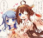  :d ;d angel_french anju_(mocomocousagi) blue_eyes blue_hair blush breasts brown_eyes cup double_bun doughnut dress elbow_gloves food french_cruller gloves hairband hat holding kantai_collection kongou_(kantai_collection) long_hair medium_breasts multiple_girls nontraditional_miko one_eye_closed open_mouth school_uniform serafuku sleeves_rolled_up smile teacup translated twitter_username urakaze_(kantai_collection) white_hat 