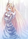  armor blonde_hair blue_dress blue_skin column crossed_arms dress duel_monster elf emudoru headpiece long_hair mystical_elf pillar pointy_ears shoulder_armor very_long_hair yuu-gi-ou yuu-gi-ou_duel_monsters 