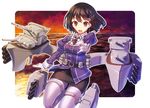  belt brown_eyes brown_hair cannon gloves haguro_(kantai_collection) hair_ribbon jacket juliet_sleeves kantai_collection long_sleeves looking_at_viewer machinery military military_uniform miniskirt ocean open_mouth pink_legwear puffy_sleeves ribbon skirt solo thighhighs uniform white_gloves yukimura_tsubame 