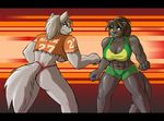 action_pose anthro big_breasts big_thighs black_hair black_nose blue_eyes breasts canine cindi_savaan cleavage cleo_(yutrah) clothed clothing duo feline female fur green_eyes grey_fur hair huge_breasts long_hair mammal midriff muscles muscular_female panther ponytail shirt shorts smile teeth thick_thighs white_fur white_hair wide_hips wolf 