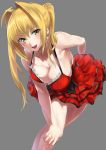  1girl ahoge bangs bare_shoulders blonde_hair blush breasts cleavage collarbone dress fate/extra fate_(series) fujitsubo_(hujitubo0731) green_eyes grey_background hair_between_eyes hand_on_own_knee highres large_breasts leaning_forward long_hair looking_at_viewer nero_claudius_(fate) nero_claudius_(fate)_(all) open_mouth red_dress simple_background smile solo thighs twintails 