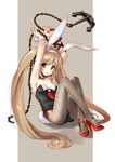  adapted_costume anchor animal_ears blonde_hair breasts brown_eyes brown_hair brown_legwear bunny_ears bunny_tail bunnysuit chain cleavage collar crossed_legs fake_animal_ears full_body hair_ribbon kantai_collection katahira_masashi leotard long_hair looking_at_viewer medium_breasts murasame_(kantai_collection) open_mouth pantyhose ribbon side-tie_leotard sitting solo tail twintails very_long_hair 