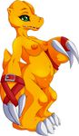  agumon anthro bald bandai barefoot breasts claws digimon dinosaur female looking_at_viewer navel nipples nude sharp_claws sharp_teeth smile solo standing suddenhack teeth toe_claws 
