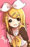  2015 bad_id bad_pixiv_id blonde_hair blush kagamine_rin looking_at_viewer open_mouth short_hair simple_background smile solo vocaloid yuirinex 
