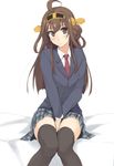  alternate_costume between_legs black_legwear blazer blush brown_hair collared_shirt double_bun hair_ornament hairband hand_between_legs headgear jacket jpeg_artifacts kantai_collection kongou_(kantai_collection) long_hair looking_at_viewer necktie plaid plaid_skirt school_uniform shirt sitting skirt smile solo thighhighs zekkyon zettai_ryouiki 